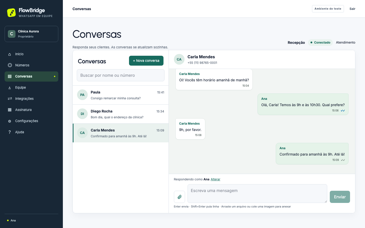 Console com lista de conversas e conversa aberta