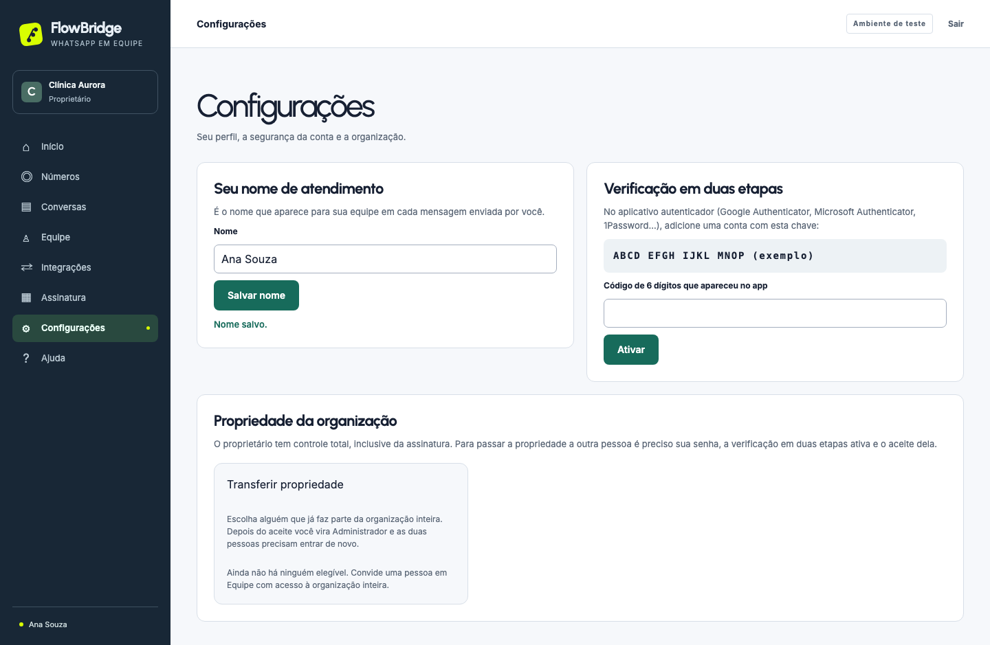 Configurações com nome de atendimento e verificação em duas etapas